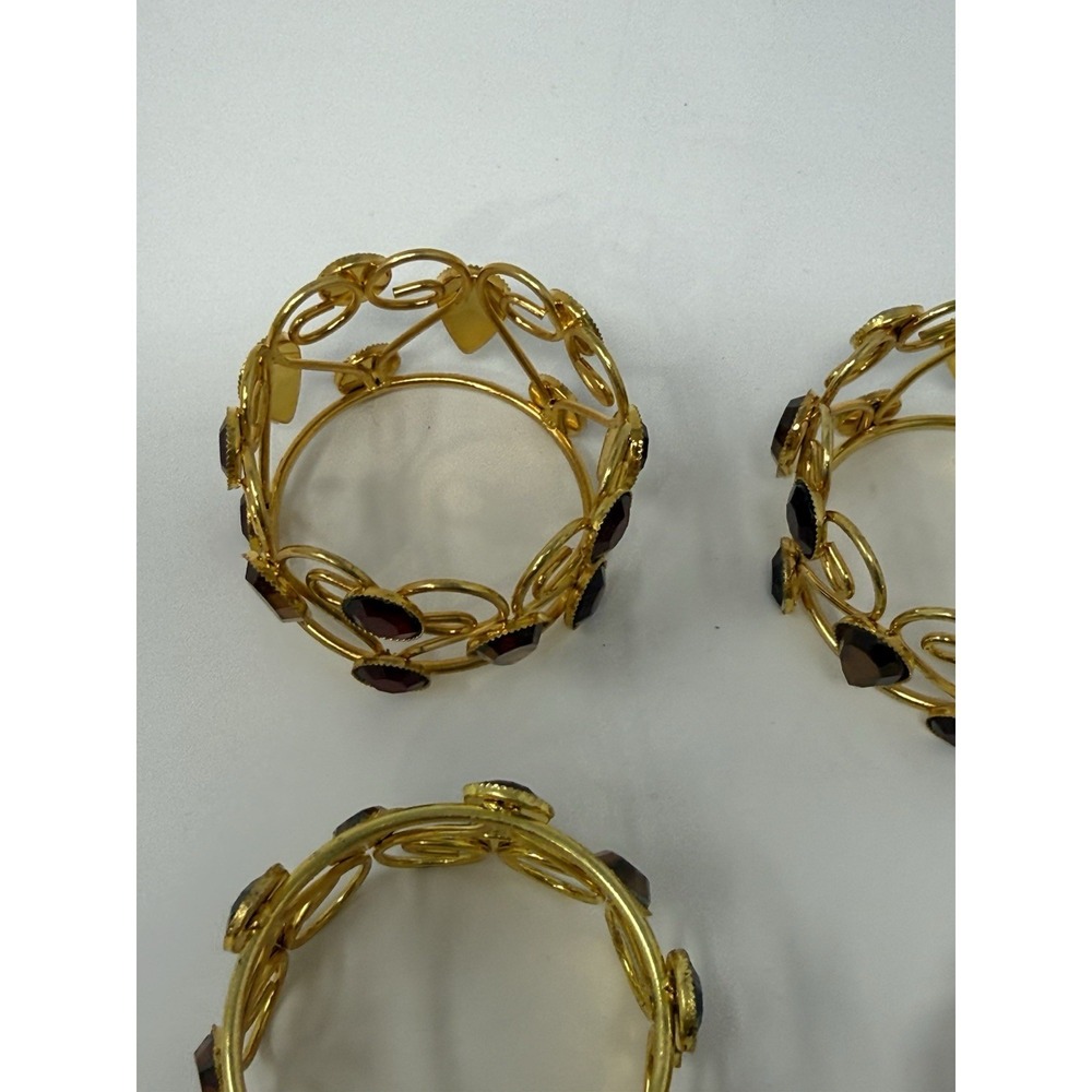 4 Pier One Imports Jeweled Napkin Rings Red & Amber Set In Gold Tone Metal - Picture 4 of 5